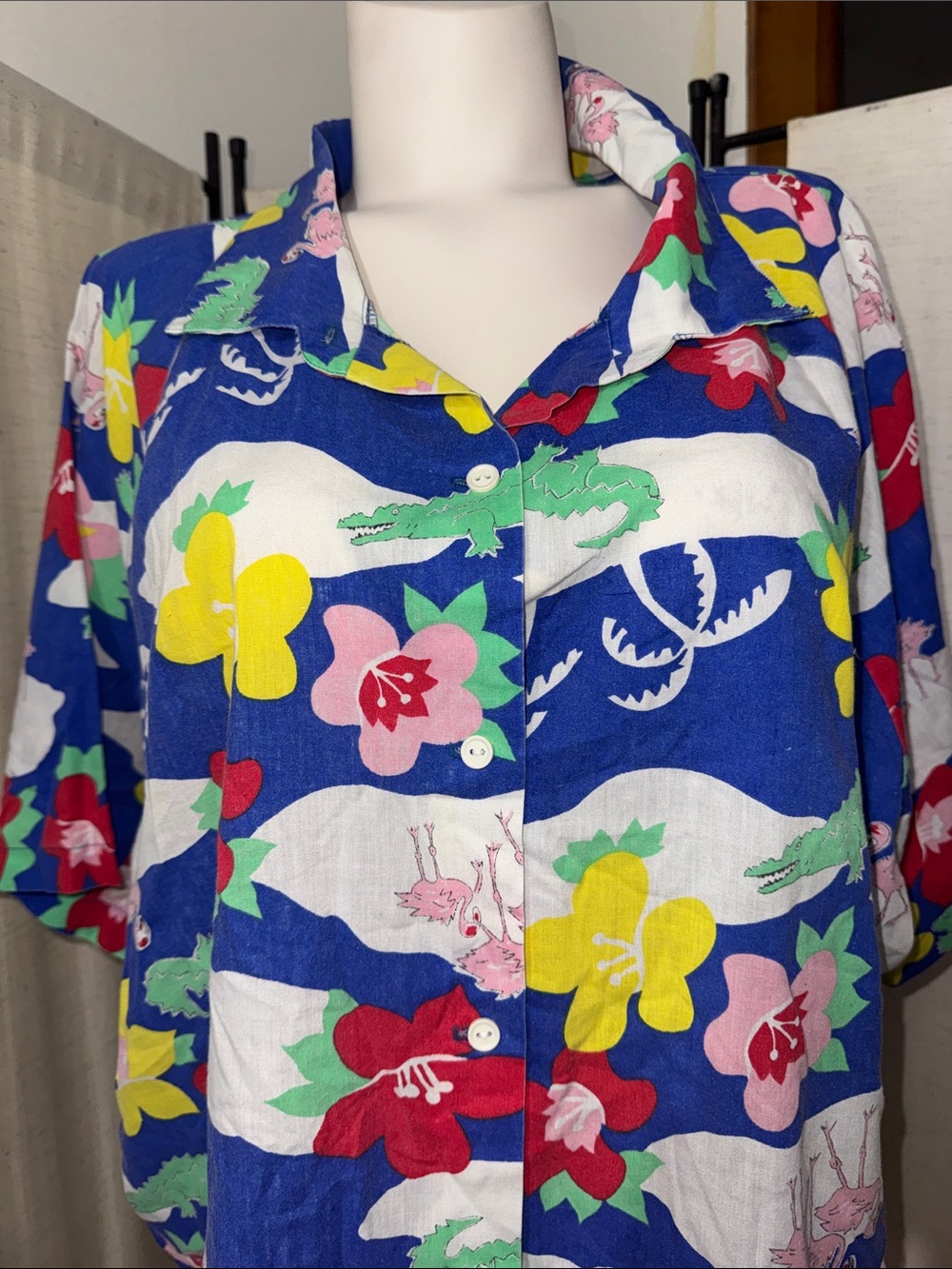Vintage 1980s Flamingo Hawaiian Print Plus Size Shirt